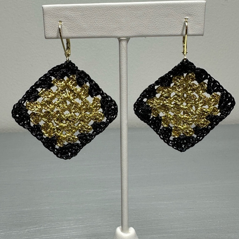 Handmade Gold and Black Crochet Earrings